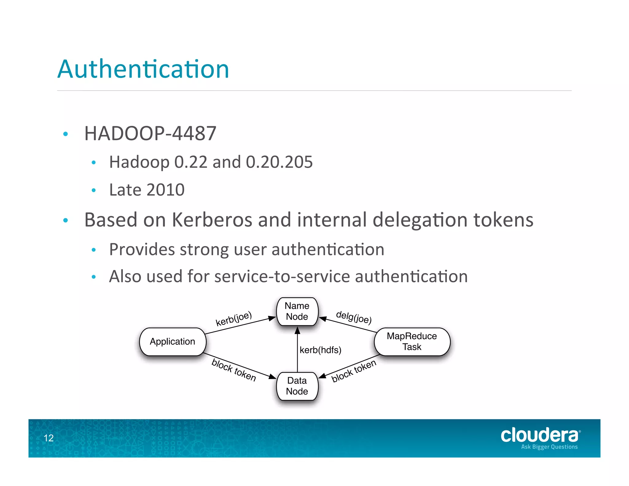 Authen8ca8on   2.2 High Level Use Cases 2 USE CASES •  HADOOP-­‐4487   •  Hadoop  0.22  and  0.20.205   2.2 High Level Use Cases 1. Applications accessing ﬁles on HDFS clusters Non-MapReduce ap- •  Late  2010   including hadoop fs, access ﬁles stored on one or more HDFS plications, clusters. The application should only be able to access ﬁles and services •  Based  on  Kerberos  and  internal  delega8on  tokens   they are authorized to access. See ﬁgure 1. Variations: (a) Access HDFS directly using HDFS protocol. •  Provides  strong  user  authen8ca8on   servers via the HFTP (b) Access HDFS indirectly though HDFS proxy FileSystem or HTTP get. •  Also  used  for  service-­‐to-­‐service  authen8ca8on     (joe) Name Node delg(jo e) kerb MapReduce Application kerb(hdfs) Task bloc n k to oke ken ck t Data blo Node Figure 1: HDFS High-level Dataﬂow 12 2. Applications accessing third-party (non-Hadoop) services Non- MapReduce applications and MapReduce tasks accessing ﬁles or opera- 