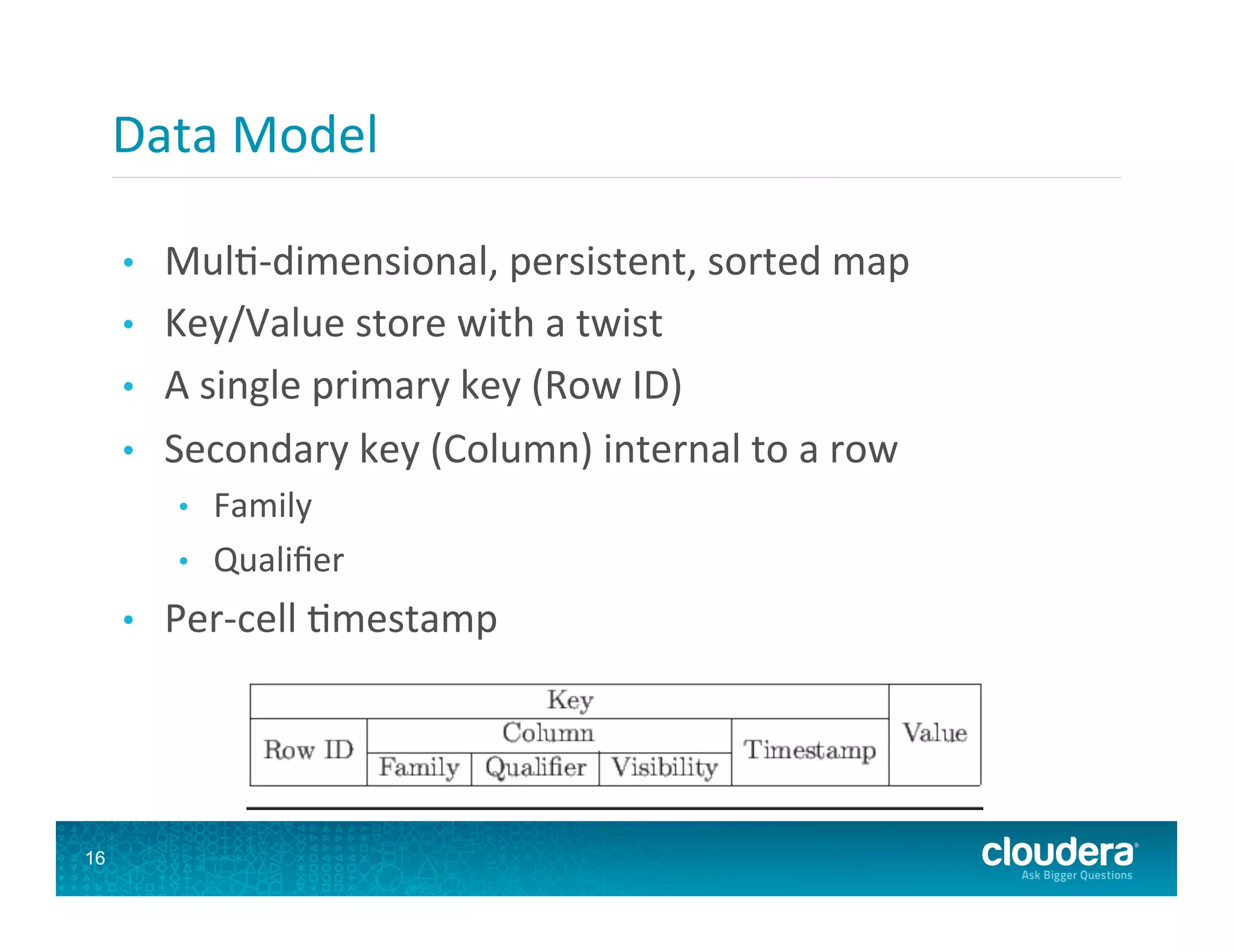 Data  Model   •  Mul8-­‐dimensional,  persistent,  sorted  map   •  Key/Value  store  with  a  twist   •  A  single  primary  key  (Row  ID)   •  Secondary  key  (Column)  internal  to  a  row   •  Family   •  Qualiﬁer   •  Per-­‐cell  8mestamp   16 
