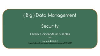 ( Big ) Data Management
Security
Global Concepts in 5 slides
2016
Nicolas SARRAMAGNA
https://fr.linkedin.com/pub/nicolas-sarramagna/19/941/587
 