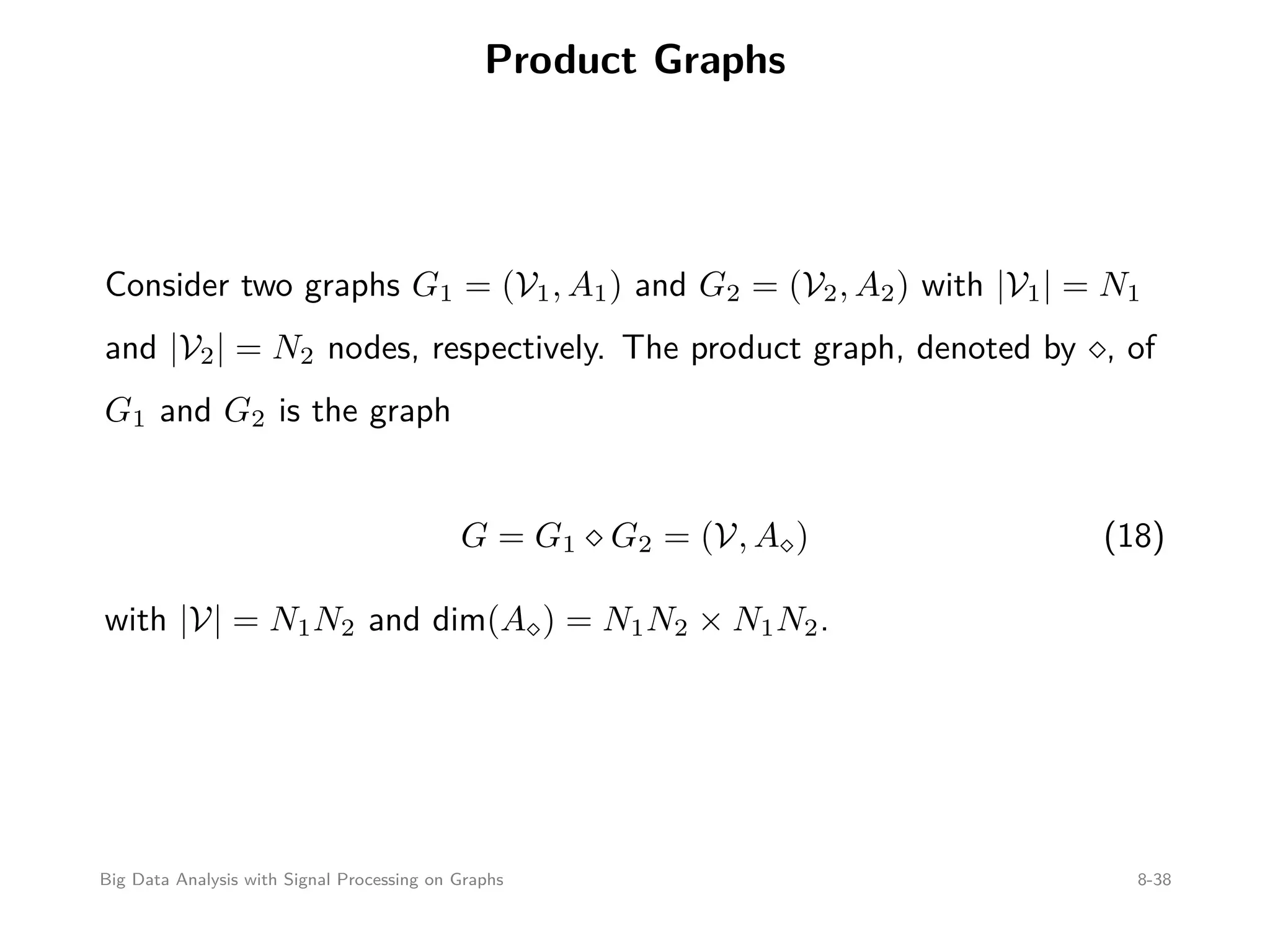 Product Graphs Consider two graphs G1 = (V1, A1) and G2 = (V2, A2) with |V1| = N1 and |V2| = N2 nodes, respectively. The product graph, denoted by , of G1 and G2 is the graph G = G1 G2 = (V, A ) (18) with |V| = N1N2 and dim(A ) = N1N2 × N1N2. Big Data Analysis with Signal Processing on Graphs 8-38 