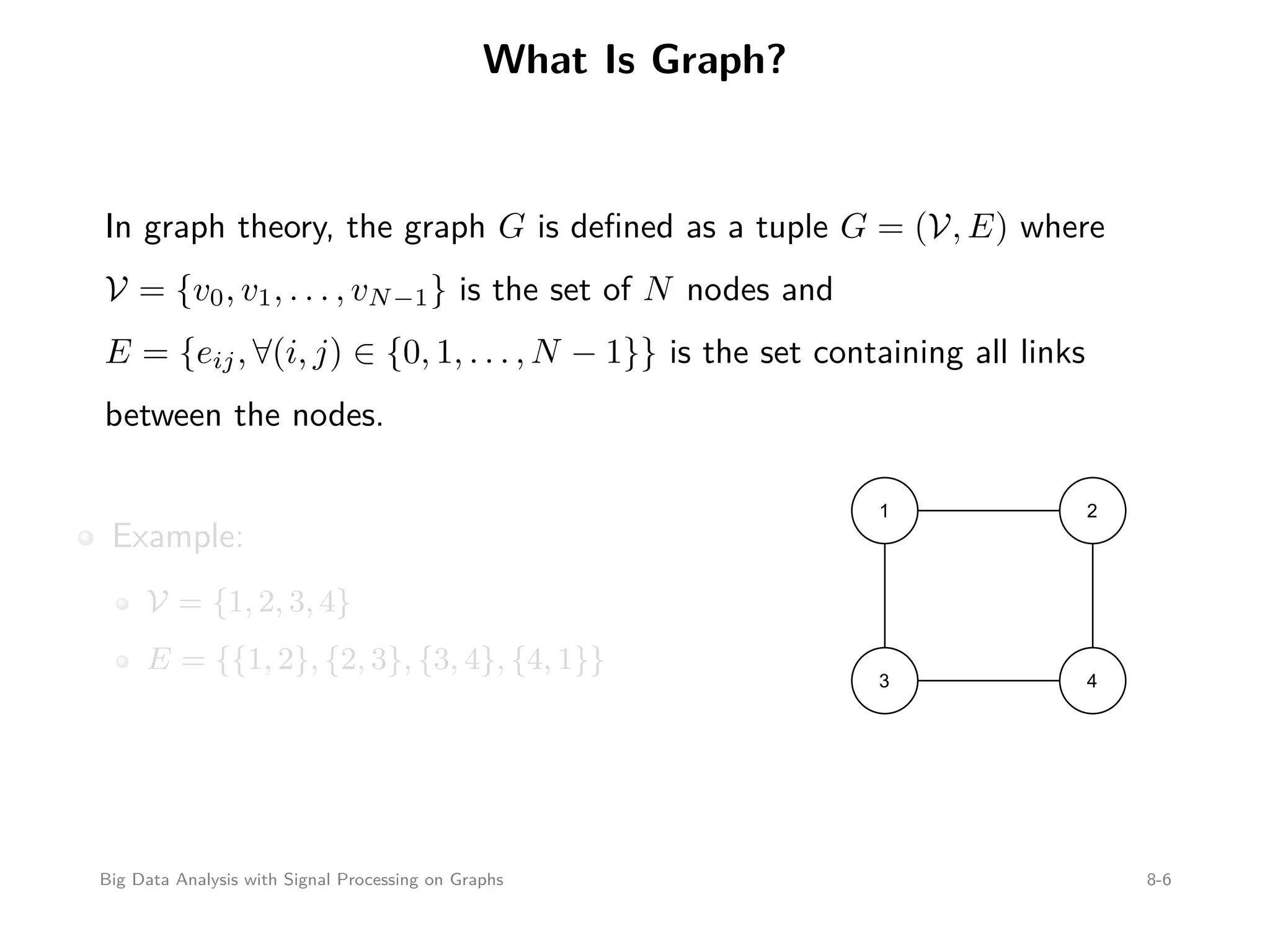 What Is Graph? In graph theory, the graph G is deﬁned as a tuple G = (V, E) where V = {v0, v1, . . . , vN−1} is the set of N nodes and E = {eij, ∀(i, j) ∈ {0, 1, . . . , N − 1}} is the set containing all links between the nodes. Example: V = {1, 2, 3, 4} E = {{1, 2}, {2, 3}, {3, 4}, {4, 1}} 1 2 3 4 Big Data Analysis with Signal Processing on Graphs 8-6 