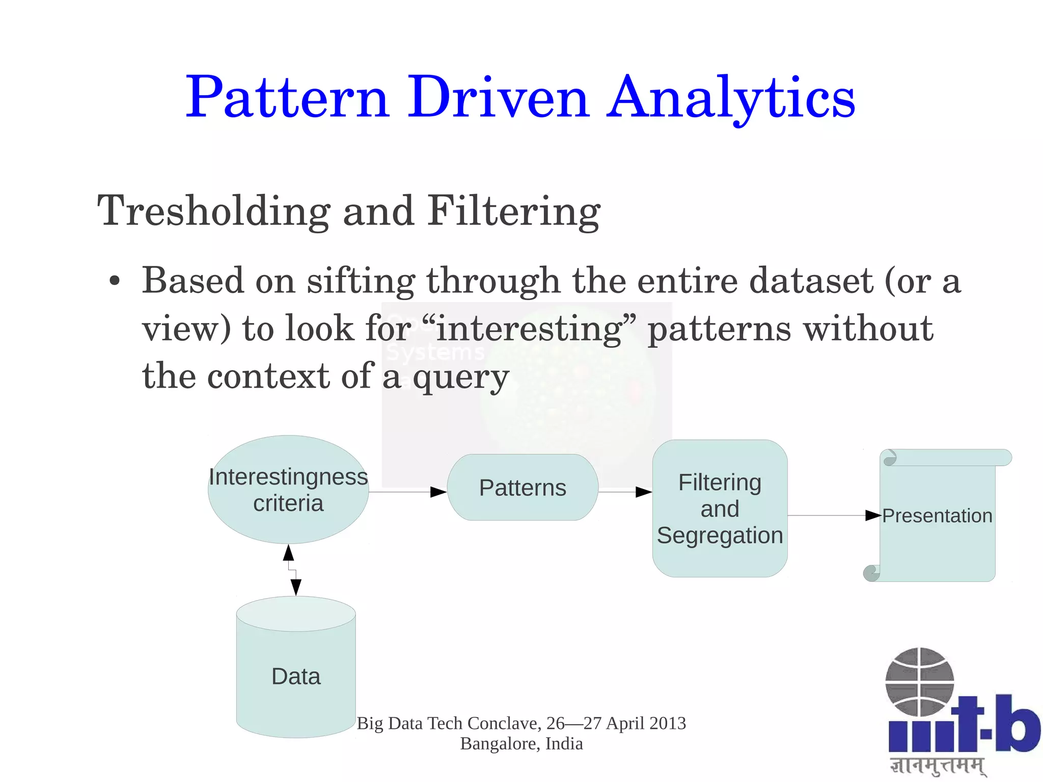 Big Data Tech Conclave, 26—27 April 2013
Bangalore, India
Pattern Driven Analytics
Tresholding and Filtering
● Based on sifting through the entire dataset (or a 
view) to look for “interesting” patterns without 
the context of a query
Data
Interestingness
criteria
Patterns Filtering
and
Segregation
Presentation
 