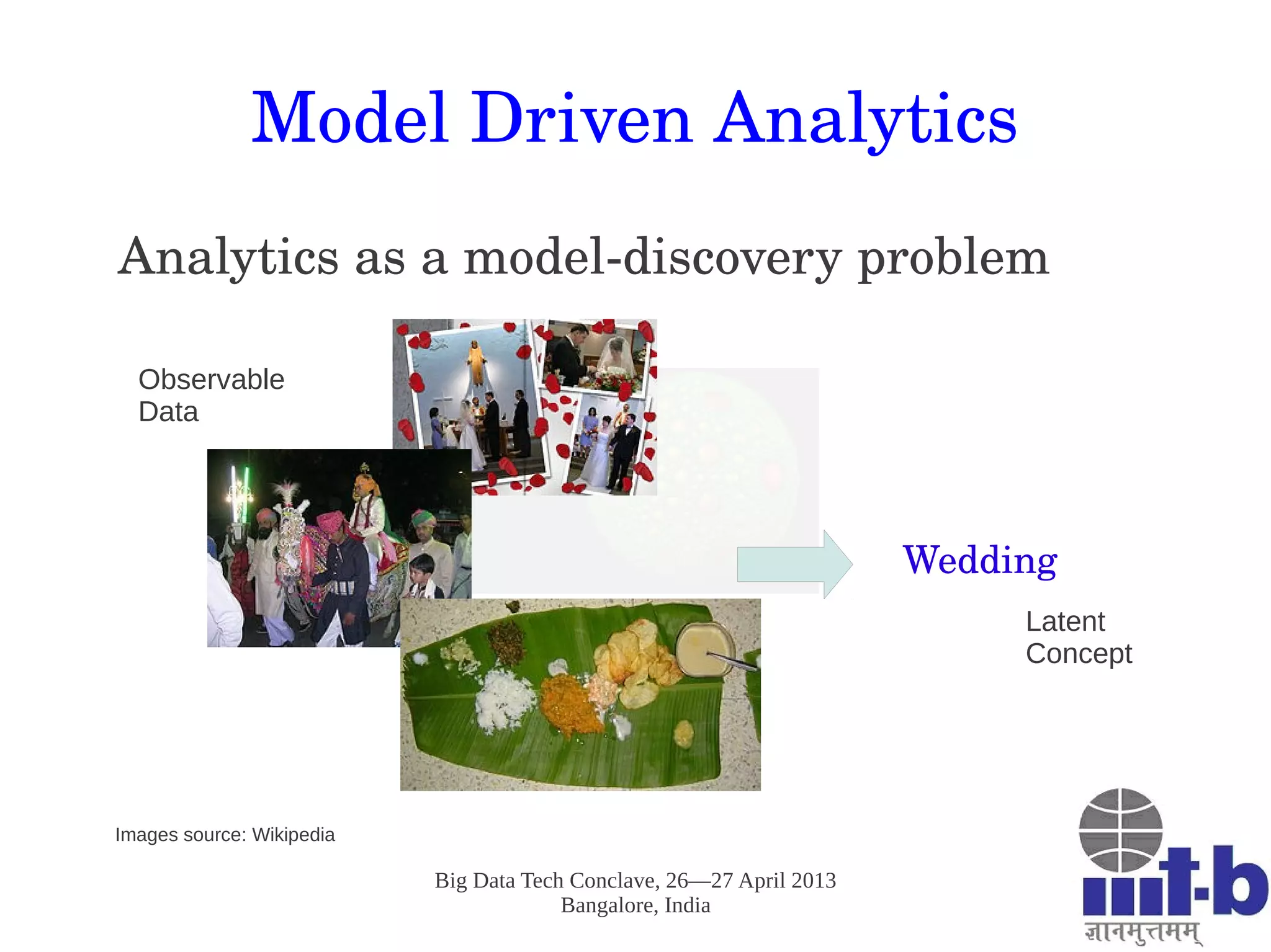 Big Data Tech Conclave, 26—27 April 2013
Bangalore, India
Model Driven Analytics
Analytics as a model­discovery problem
Wedding
Images source: Wikipedia
Observable
Data
Latent
Concept
 