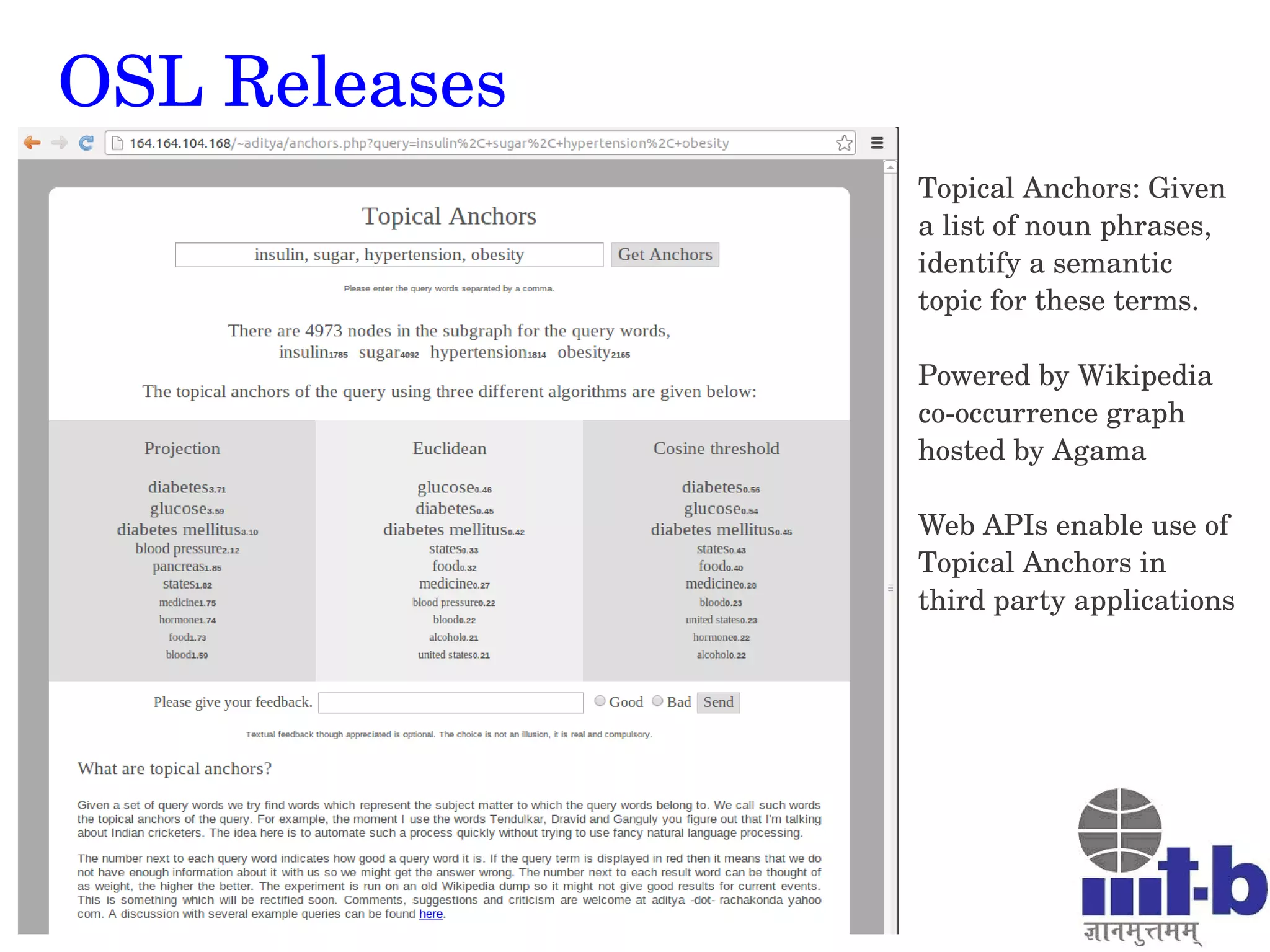Big Data Tech Conclave, 26—27 April 2013
Bangalore, India
OSL Releases
Topical Anchors: Given 
a list of noun phrases, 
identify a semantic 
topic for these terms.
Powered by Wikipedia 
co­occurrence graph 
hosted by Agama
Web APIs enable use of 
Topical Anchors in 
third party applications 
 