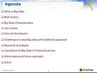 326-Sept-2013
Agenda
 What is Big Data
 Big Data Characteristics
 Brief history
 Use Cases
 who are the players
 Cha...