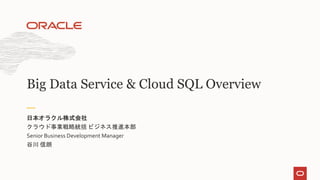 クラウド事業戦略統括 ビジネス推進本部
Senior Business Development Manager
谷川 信朗
日本オラクル株式会社
Big Data Service & Cloud SQL Overview
 