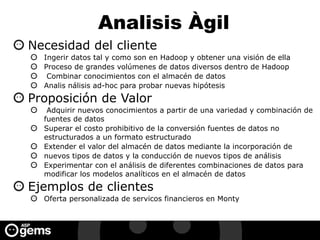 Analisis Àgil
Necesidad del cliente
Ingerir datos tal y como son en Hadoop y obtener una visión de ella
Proceso de grandes volúmenes de datos diversos dentro de Hadoop
Combinar conocimientos con el almacén de datos
Analis nálisis ad-hoc para probar nuevas hipótesis
Proposición de Valor
Adquirir nuevos conocimientos a partir de una variedad y combinación de
fuentes de datos
Superar el costo prohibitivo de la conversión fuentes de datos no
estructurados a un formato estructurado
Extender el valor del almacén de datos mediante la incorporación de
nuevos tipos de datos y la conducción de nuevos tipos de análisis
Experimentar con el análisis de diferentes combinaciones de datos para
modificar los modelos analíticos en el almacén de datos
Ejemplos de clientes
Oferta personalizada de servicos financieros en Monty
 