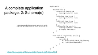 A complete application
package, 2: Schema(s)
./searchdefinitions/music.sd:
https://docs.vespa.ai/documentation/search-definitions.html
 