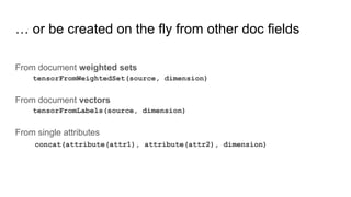 … or be created on the fly from other doc fields
From document weighted sets
tensorFromWeightedSet(source, dimension)
From document vectors
tensorFromLabels(source, dimension)
From single attributes
concat(attribute(attr1), attribute(attr2), dimension)
 