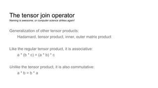 The tensor join operator
Naming is awesome, or computer science strikes again!
Generalization of other tensor products:
Hadamard, tensor product, inner, outer matrix product
Like the regular tensor product, it is associative:
a * (b * c) = (a * b) * c
Unlike the tensor product, it is also commutative:
a * b = b * a
 