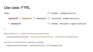 Use case: FTRL
sum( // model computation:
tensor0 * tensor1 * tensor2 // feature combinations
* tensor3 // model weights application
)
Where tensors 0, 1, 2 come from the document or query:
and tensor 3 comes from the application package:
 