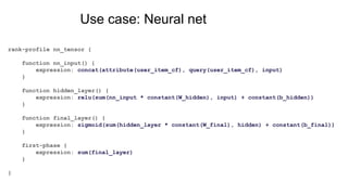 Use case: Neural net
rank-profile nn_tensor {
function nn_input() {
expression: concat(attribute(user_item_cf), query(user_item_cf), input)
}
function hidden_layer() {
expression: relu(sum(nn_input * constant(W_hidden), input) + constant(b_hidden))
}
function final_layer() {
expression: sigmoid(sum(hidden_layer * constant(W_final), hidden) + constant(b_final))
}
first-phase {
expression: sum(final_layer)
}
}
 