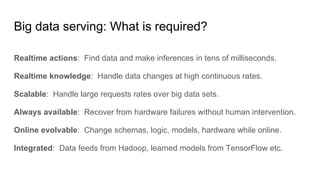 Big data serving: What is required?
Realtime actions: Find data and make inferences in tens of milliseconds.
Realtime know...