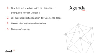 Agenda
1. Qu’est-ce que la virtualisation des données et
pourquoi la solution Denodo ?
2. Les cas d’usage actuels au sein de l’usine de la Hague
3. Présentation et démo technique live
4. Questions/réponses
 