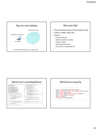 7/16/2014
19
73
Pig runs over Hadoop Who uses Pig?
• 70% of production jobs at Yahoo (10ks per day)
• Twitter, LinkedIn, Ebay, AOL,…
• Used to
– Process web logs
– Build user behavior models
– Process images
– Build maps of the web
– Do research on large data sets
Word Count using MapReduce Word Count using Pig
Lines=LOAD ‘input/hadoop.log’ AS (line: chararray);
Words = FOREACH Lines GENERATE FLATTEN(TOKENIZE(line)) AS word;
Groups = GROUP Words BY word;
Counts = FOREACH Groups GENERATE group, COUNT(Words);
Results = ORDER Words BY Counts DESC;
Top5 = LIMIT Results 5;
STORE Top5 INTO /output/top5words;
 