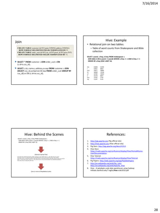 7/16/2014
28
Join
SELECT * FROM customer c JOIN order_cust o ON
(c.id=o.cus_id);
SELECT c.id,c.name,c.address,ce.exp FROM customer c JOIN
(SELECT cus_id,sum(price) AS exp FROM order_cust GROUP BY
cus_id) ce ON (c.id=ce.cus_id);
CREATE TABLE customer (id INT,name STRING,address STRING)
ROW FORMAT DELIMITED FIELDS TERMINATED BY '#';
CREATE TABLE order_cust (id INT,cus_id INT,prod_id INT,price INT)
ROW FORMAT DELIMITED FIELDS TERMINATED BY 't';
Hive: Example
• Relational join on two tables:
– Table of word counts from Shakespeare and Bible
collection
SELECT s.word, s.freq, k.freq FROM shakespeare s
JOIN bible k ON (s.word = k.word) WHERE s.freq >= 1 AND k.freq >= 1
ORDER BY s.freq DESC LIMIT 10;
the 25848 62394
I 23031 8854
and 19671 38985
to 18038 13526
of 16700 34654
a 14170 8057
you 12702 2720
my 11297 4135
Hive: Behind the Scenes
SELECT s.word, s.freq, k.freq FROM shakespeare s
JOIN bible k ON (s.word = k.word) WHERE s.freq >= 1 AND k.freq >= 1
ORDER BY s.freq DESC LIMIT 10;
(TOK_QUERY (TOK_FROM (TOK_JOIN (TOK_TABREF shakespeare s) (TOK_TABREF bible k) (= (. (TOK_TABLE_OR_COL s) word) (.
(TOK_TABLE_OR_COL k) word)))) (TOK_INSERT (TOK_DESTINATION (TOK_DIR TOK_TMP_FILE)) (TOK_SELECT (TOK_SELEXPR (.
(TOK_TABLE_OR_COL s) word)) (TOK_SELEXPR (. (TOK_TABLE_OR_COL s) freq)) (TOK_SELEXPR (. (TOK_TABLE_OR_COL k) freq))) (TOK_WHERE
(AND (>= (. (TOK_TABLE_OR_COL s) freq) 1) (>= (. (TOK_TABLE_OR_COL k) freq) 1))) (TOK_ORDERBY (TOK_TABSORTCOLNAMEDESC (.
(TOK_TABLE_OR_COL s) freq))) (TOK_LIMIT 10)))
(one or more of MapReduce jobs)
(Abstract Syntax Tree)
References:
1. http://pig.apache.org (Pig official site)
2. http://hive.apache.org (Hive official site)
3. Pig Docs: http://pig.apache.org/docs/r0.9.0
4. Hive Docs:
https://cwiki.apache.org/confluence/display/Hive/Home#Home-
UserDocumentation
5. Hive Tutorial:
https://cwiki.apache.org/confluence/display/Hive/Tutorial
6. Pig Papers: http://wiki.apache.org/pig/PigTalksPapers
7. http://en.wikipedia.org/wiki/Pig_Latin
http://en.wikipedia.org/wiki/Apache_Hive
8. Hive – A petabyte scale data warehouse using hadoop
infolab.stanford.edu/~ragho/hive-icde2010.pdf‎
 