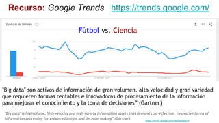 Tarea: Google Trends
1.- Entra en: https://trends.google.com/
2.- Explora “cambio climático” e interpreta los resultados.
...
