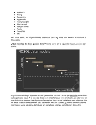 ● Voldemort
● Neo4j
● Cassandra
● Hypertable
● HyerGraph DB
● Memcached
● Tokyo Cabinet
● Redis
● CouchDB
● Etc.
De todos estos, los especialmente diseñados para Big Data son: HBase, Cassandra e                       
Hypertable.
¿Qué modelos de datos pueden tener? Como se ve en la siguiente imagen, pueden ser                           
cuatro:
Algunos dividen el tipo key­value en dos: persistente y volátil. Los de tipo key­value almacenan                           
datos por cada clave. A la base de datos no le importa lo que vaya en el valor, tan sólo tiene en                                         
cuenta la clave. Aunque hay algunos softwares que disponen de metadatos para saber qué tipo                           
de datos se están almacenando. Está basado en Amazon Dynamo, y permite tener muchísima                         
información y una alta carga de trabajo. Un ejemplo de este tipo es Voldemort (LinkedIn).
 