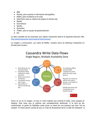● IBM.
● Navteq, para usuarios e información demográfica.
● Netflix, para el sistema en la nube.
● OpenFeint, para su sistema de juegos en tiempo real.
● Reddit.
● Soundcloud.
● Spotify,
● Symantec,
● Twitter, para su equipo de geolocalización.
● Etc.
La lista completa de las empresas que utilizan Cassandra está en la siguiente dirección URL                           
http://planetcassandra.org/Company/ViewCompany.
La imagen a continuación, por parte de Netflix, muestra cómo se distribuye Cassandra en                         
formato peer­to­peer:
Como se ve en la imagen, no hay un nodo maestro que controle el resto, como pasaba en                                 
Hadoop. Esto hace que el sistema sea completamente distribuido. A la hora de dar                         
conferencias, la gente de DataStax suele poner un tweet de una persona que dice “me ha                             
costado 10 horas darme cuenta de que un nodo de #cassandra tenía un fallo de hardware”, lo                               
 