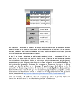 Por otro lado, Cassandra no necesita de ningún software de cacheo. Al mantener la última                           
versión de cada fila en memoria (row cache), el uso de memcache es inútil. Por lo que, además,                                 
se gana velocidad, al no tener que invalidar la copia y tener que hacer una búsqueda (fetch) en                                 
una caché separada (arquitectura a dos niveles).
A la hora de instalar Cassandra, se puede hacer de varias formas. La primera es dirigirse a la                                 
web oficial, un subdominio de Apache, pulsar sobre Download y descargarse el paquete                       
correspondiente. Sin embargo, dentro de esta misma sección de descargas también hay un                       
apartado denominado “third party distributions” en el que señalan la comunidad de DataStax. En                         
dicha comunidad se pueden descargar dos paquetes de Cassandra, siempre en su última                       
versión, uno de ellos gratis y el otro de pago. El gratuito dispone de la última versión de                                 
comunidad de Cassandra y un sistema de monitorización llamado OpsCenter. Esta versión es                       
bastante inferior con respecto a la que trae la versión de pago mediante suscripción. Además,                           
esta versión trae otras muchas ventas, se pueden ver en la siguiente dirección URL, pulsando                           
donde pone compare: http://planetcassandra.org/Download/DataStaxCommunityEdition.
Una vez instalado, este software posee un webserver que ofrece muchísima información                     
interesante. A continuación se muestra una imagen de la pantalla inicial:
 