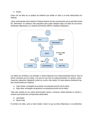 ● Scoop
Cada uno de ellos es un pedazo de software que añade un valor a un área relacionada con                                 
Hadoop.
¿Qué componentes tiene Hadoop? Hadoop dispone de dos componentes que le permiten dividir                       
los “elementos” en pedazos más pequeños para poder trabajar mejor con ellos de una forma                           
distribuida: Mapreduce y un sistema de ficheros (HDFS o Hadoop FileSystem).
Los datos son divididos y se entregan a varias máquinas Linux interconectadas entre sí. Aquí el                             
primer concepto son los costes, y es que es muy caro un supercomputador, en cambio, varias                             
máquinas pequeñas trabajando juntas es mucho más barato. En este sistema distribuido hay                       
dos componentes por máquina:
● Task tracker: encargado de procesar una pequeña porción de los datos.
● Data node: encargado de gestionar una pequeña porción de los datos.
Todo esto existirá en los nodos denominados slaves o esclavos. Habrá además un master o                           
maestro que tendrá dos componentes adicionales:
● Job tracker
● Name node
El primero de ellos, junto al task tracker, hacen lo que se llama Mapreduce. Los elementos                             
 