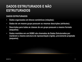 DADOS ESTRUTURADOS E NÃO
ESTRUTURADOS
DADOS ESTRUTURADOS
•

Dados organizados em blocos semânticos (relações);

•

Dados de um mesmo grupo possuem as mesmas descrições (atributos);

•

Descrições para todas as classes de um grupo possuem o mesmo formato
(esquema);

•

Dados mantidos em um SGBD são chamados de Dados Estruturados por
manterem a mesma estrutura de representação (rígida), previamente projetada
(esquema).

BIGDATA

11

 