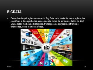BIGDATA
•

Exemplos de aplicações no contexto Big Data varia bastante, como aplicações
científicas e de engenharias, redes sociais, redes de sensores, dados de Web
Click, dados médicos e biológicos, transações de comércio eletrônico e
financeiros, entre inúmeras outras.

BIGDATA

21

 