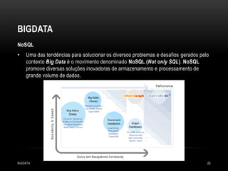 BIGDATA
NoSQL
•

Uma das tendências para solucionar os diversos problemas e desafios gerados pelo
contexto Big Data é o movimento denominado NoSQL (Not only SQL). NoSQL
promove diversas soluções inovadoras de armazenamento e processamento de
grande volume de dados.

BIGDATA

25

 