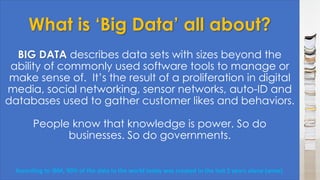 What is ‘Big Data’ all about?
BIG DATA describes data sets with sizes beyond the
ability of commonly used software tools to manage or
make sense of. It’s the result of a proliferation in digital
media, social networking, sensor networks, auto-ID and
databases used to gather customer likes and behaviors.
People know that knowledge is power. So do
businesses. So do governments.
According to IBM, 90% of the data in the world today was created in the last 2 years alone (wow).
 