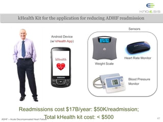 Weight Scale
Heart Rate Monitor
Blood Pressure
Monitor
47
Sensors
Android Device
(w/ kHealth App)
Readmissions cost $17B/y...