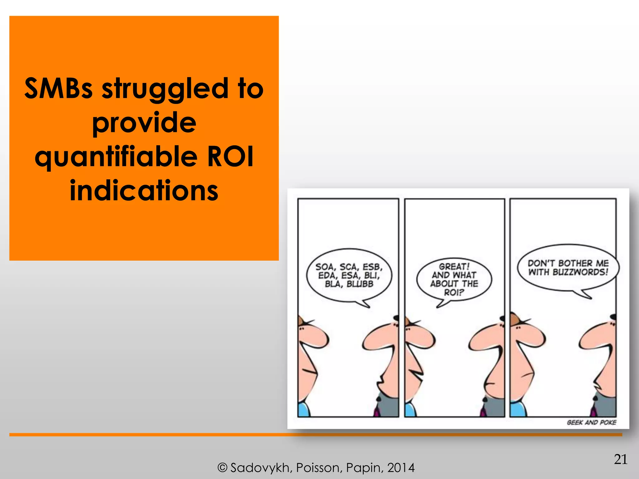 SMBs struggled to
provide
quantifiable ROI
indications

© Sadovykh, Poisson, Papin, 2014

21

 