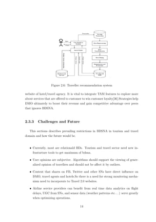 Figure 2.6: Traveller recommendation system
website of hotel/travel agency. It is vital to integrate TAM features to explore more
about services that are oﬀered to customer to win customer loyalty[36].Strategies help
DMO ultimately to boost their revenue and gain competitive advantage over peers
that ignores BDSNA.
2.3.3 Challenges and Future
This sections describes prevailing restrictions in BDSNA in tourism and travel
domain and how the future would be.
• Currently, most are relationald BDs. Tourism and travel sector need new in-
frasturture tools to get maximum of bdsna.
• User opinions are subjective. Algorithms should support the viewing of gener-
alized opinion of travellers and should not be aﬀect it by outliers.
• Content that shares on FB, Twitter and other SNs have direct inﬂuence on
DMO, travel agents and hotels.So there is a need for strong monitering mecha-
nism need to incorporate to Travel 2.0 websites.
• Airline service providers can beneﬁt from real time data analytics on ﬂight
delays, UGC from SNs, and sensor data (weather patterns etc. . . ) serve greatly
when optimizing operations.
14
 