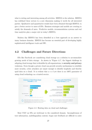 what is exiting and interesting among all activities. BDSNA is the solution. BDSNA
has redeﬁned these sectors to a new dimension making it worth for all interested
parties. Qualitative and quantitative results have been obtained through BDSNA, to
give a better service to users of SNs. Business strategies and models are creating to
satisfy the demands of users. Predictive models, recommendation systems and real
time analytics play a major role in today’s BDSNA.
Modern day BDSNA has been identiﬁed as a best approach as an answer to
many business domains. BDSNA has become an essential part of developing highly
sophisticated intelligence tools and SW.
4.2 Challenges and Future Directions
SNs like Facebook are considering cloud storage as a solution to accommodate
growing needs of data storage. As shown in "Figure 4.1", the biggest challenge in
adopting cloud storage that is identiﬁes by all organizations, is security and privacy
violations. Even though a private cloud can provide security mechanisms to establish
more security, cyber attackers are smart enough to identify loopholes and thereby
spoil data on a cloud. It is evident that a s o f yet there is no 100% guarantee of
using cloud technology as a trusted service.
Figure 4.1: Hosting data on cloud and challenges
Most UGC on SNs are irrelevant to the considered domain. Incompleteness of
text information, multilingualism content, bogus user feedback are diﬃcult to cater
27
 