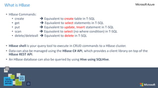 • HBase Commands:
• create  Equivalent to create table in T-SQL
• get  Equivalent to select statements in T-SQL
• put  Equivalent to update, Insert statement in T-SQL
• scan  Equivalent to select (no where condition) in T-SQL
• delete/deleteall  Equivalent to delete in T-SQL
• HBase shell is your query tool to execute in CRUD commands to a HBase cluster.
• Data can also be managed using the HBase C# API, which provides a client library on top of the
HBase REST API.
• An HBase database can also be queried by using Hive using SQLHive.
What is HBase
 