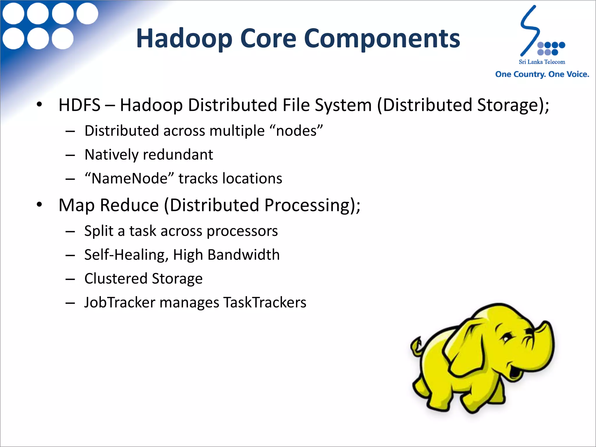 Hadoop Core Components
• HDFS – Hadoop Distributed File System (Distributed Storage);
– Distributed across multiple “nodes”
– Natively redundant
– “NameNode” tracks locations
• Map Reduce (Distributed Processing);
– Split a task across processors
– Self-Healing, High Bandwidth
– Clustered Storage
– JobTracker manages TaskTrackers
 