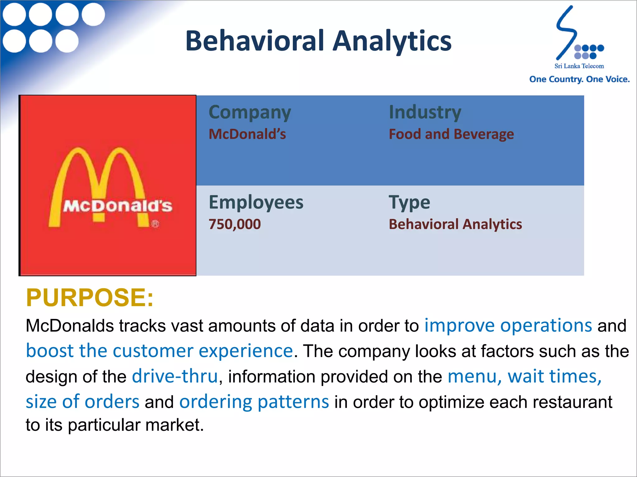 PURPOSE:
McDonalds tracks vast amounts of data in order to improve operations and
boost the customer experience. The company looks at factors such as the
design of the drive-thru, information provided on the menu, wait times,
size of orders and ordering patterns in order to optimize each restaurant
to its particular market.
Company
McDonald’s
Industry
Food and Beverage
Employees
750,000
Type
Behavioral Analytics
Behavioral Analytics
 