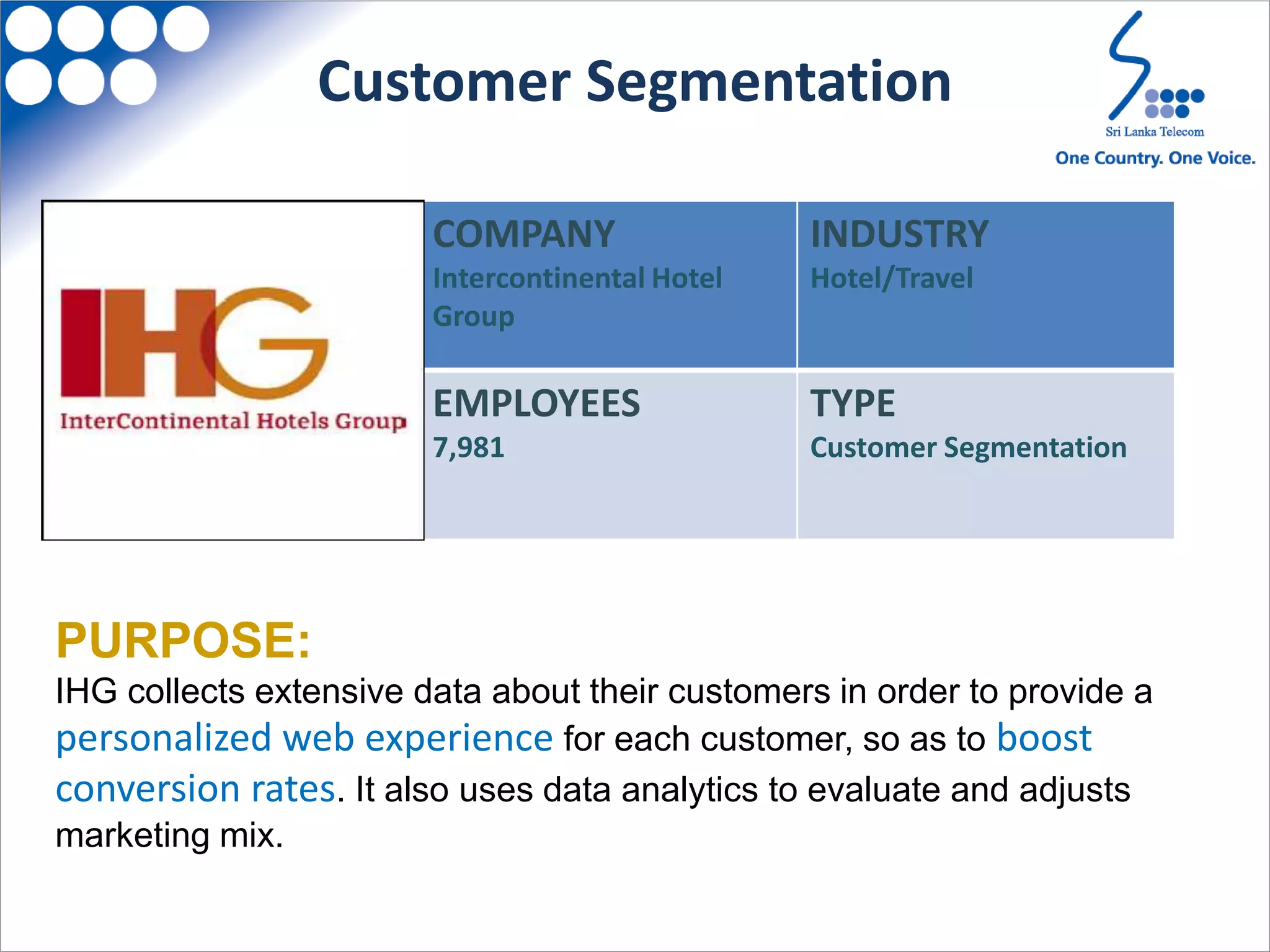COMPANY
Intercontinental Hotel
Group
INDUSTRY
Hotel/Travel
EMPLOYEES
7,981
TYPE
Customer Segmentation
PURPOSE:
IHG collects extensive data about their customers in order to provide a
personalized web experience for each customer, so as to boost
conversion rates. It also uses data analytics to evaluate and adjusts
marketing mix.
Customer Segmentation
 