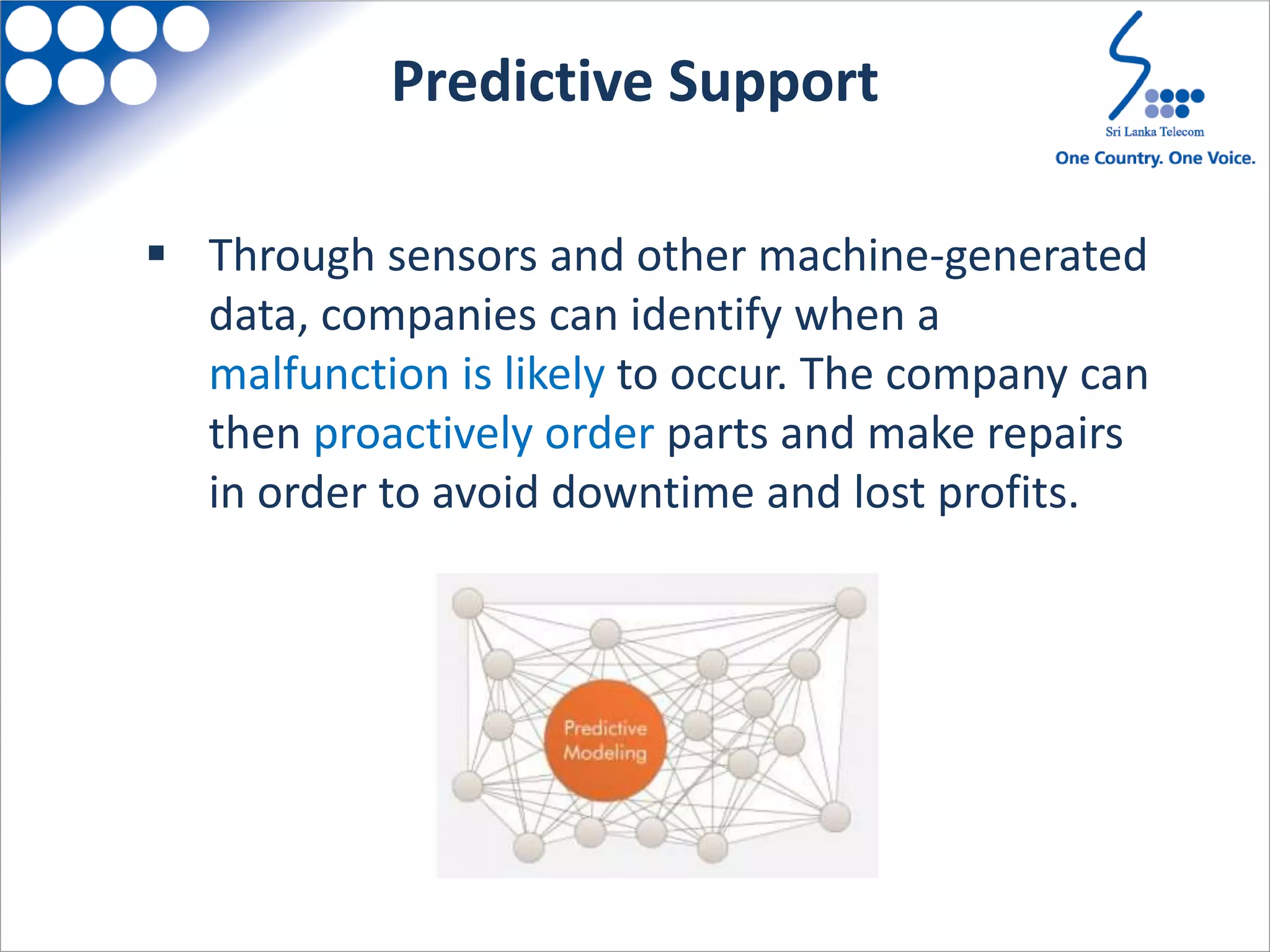  Through sensors and other machine-generated
data, companies can identify when a
malfunction is likely to occur. The company can
then proactively order parts and make repairs
in order to avoid downtime and lost profits.
Predictive Support
 