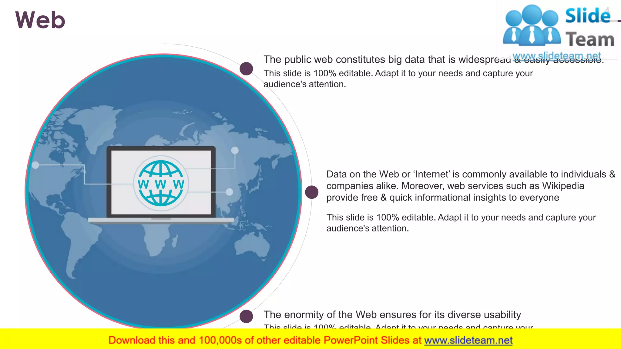 Web 4 The public web constitutes big data that is widespread & easily accessible. Data on the Web or ‘Internet’ is commonly available to individuals & companies alike. Moreover, web services such as Wikipedia provide free & quick informational insights to everyone The enormity of the Web ensures for its diverse usability This slide is 100% editable. Adapt it to your needs and capture your audience's attention. This slide is 100% editable. Adapt it to your needs and capture your audience's attention. This slide is 100% editable. Adapt it to your needs and capture your audience's attention. www.company .com 
