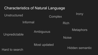 Characteristics of Natural Language
Unstructured
Ambiguous
Complex
Hidden semantic
Irony
Informal
Unpredictable
Rich
Most ...