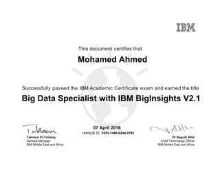 Dr Naguib Attia
Chief Technology Officer
IBM Middle East and Africa
This document certifies that
Successfully passed the IBM Academic Certificate exam and earned the title
UNIQUE ID
Takreem El-Tohamy
General Manager
IBM Middle East and Africa
Mohamed Ahmed
07 April 2016
Big Data Specialist with IBM BigInsights V2.1
3323-1460-0244-0181
Digitally signed by
IBM Middle East
and Africa
University
Date: 2016.04.07
12:42:23 CEST
Reason: Passed
test
Location: MEA
Portal Exams
Signat
 
