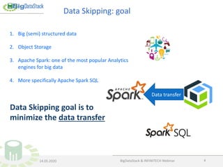 BigDataStack & INFINITECH Webinar 4
1. Big (semi) structured data
2. Object Storage
3. Apache Spark: one of the most popular Analytics
engines for big data
4. More specifically Apache Spark SQL
Data Skipping goal is to
minimize the data transfer
Data transfer
Data Skipping: goal
14.05.2020
 