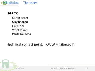 The team
Team:
Oshrit Feder
Guy Khazma
Gal Lushi
Yosef Moatti
Paula Ta-Shma
Technical contact point: PAULA@il.ibm.com
07.05.2020 BigDataStack & INFINITECH Webinar 9
 