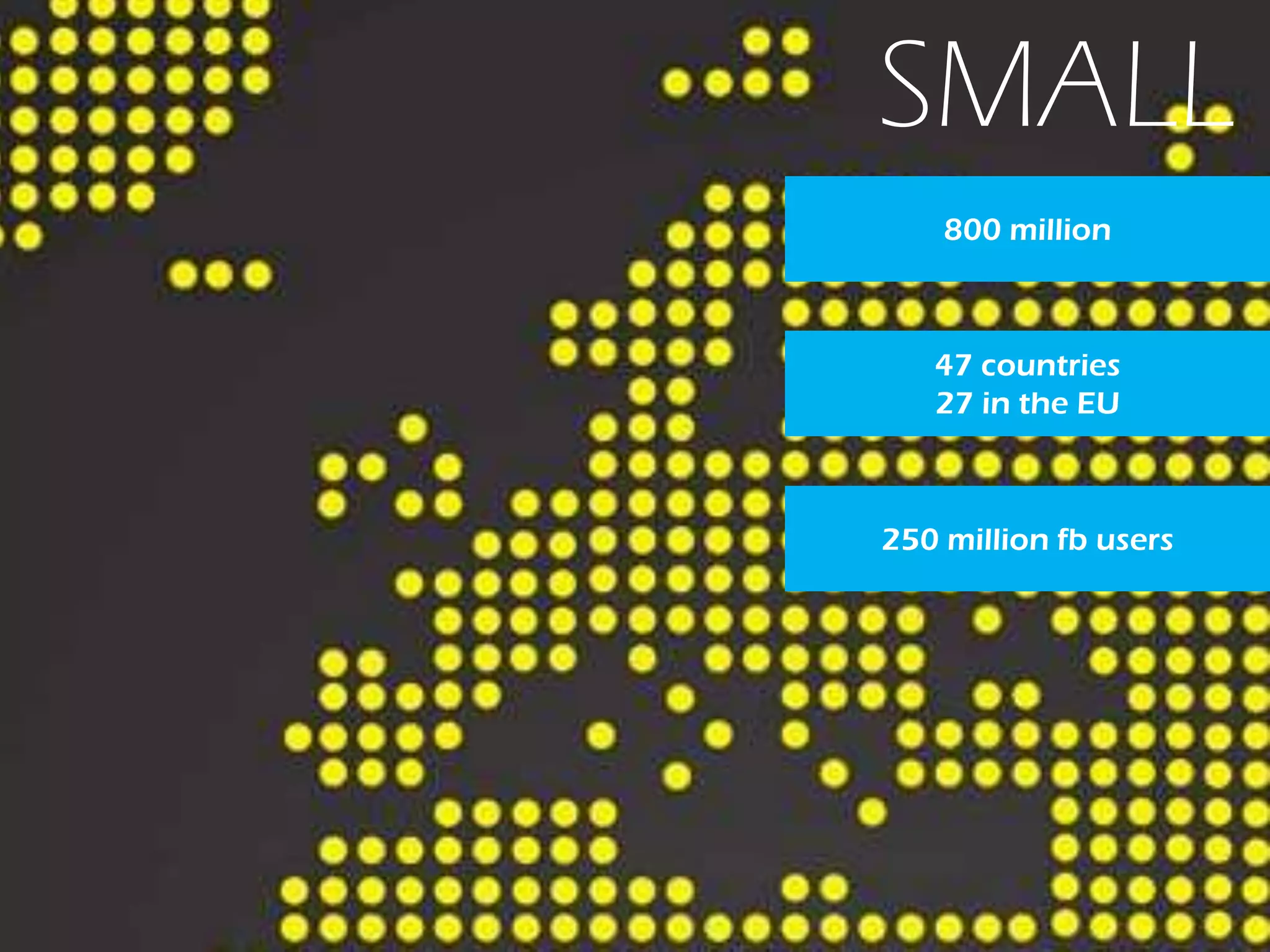 SMALL
800 million
47 countries
27 in the EU
250 million fb users
 