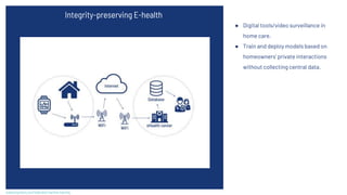 Integrity-preserving E-health
● Digital tools/video surveillance in
home care.
● Train and deploy models based on
homeowners’ private interactions
without collecting central data.
scaleoutsystems.com/federated-machine-learning
 