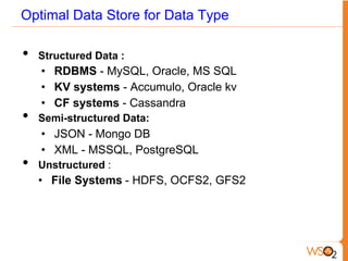 Optimal Data Store for Data Type
•  Structured Data :
•  RDBMS - MySQL, Oracle, MS SQL
•  KV systems - Accumulo, Oracle kv
•  CF systems - Cassandra
•  Semi-structured Data:
•  JSON - Mongo DB
•  XML - MSSQL, PostgreSQL
•  Unstructured :
•  File Systems - HDFS, OCFS2, GFS2
 