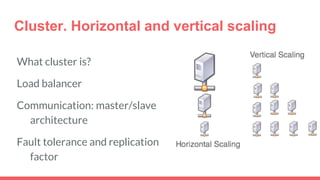 Cluster. Horizontal and vertical scaling
What cluster is?
Load balancer
Communication: master/slave
architecture
Fault tolerance and replication
factor
 