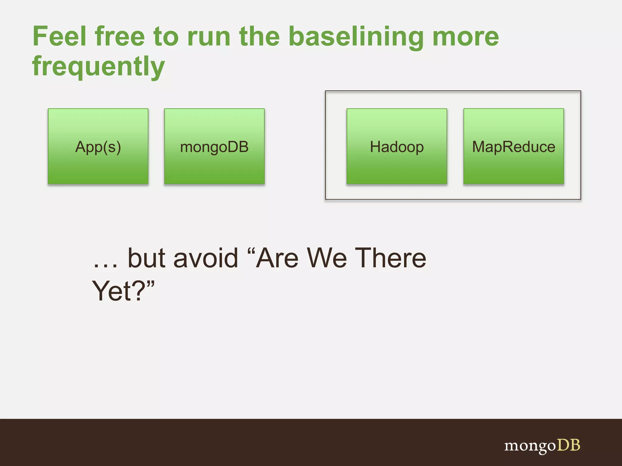 Feel free to run the baselining more
frequently
… but avoid “Are We There
Yet?”
mongoDB HadoopApp(s) MapReduce
 