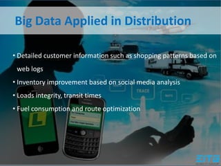 Big Data Applied in Distribution
• Detailed customer information such as shopping patterns based on
web logs
• Inventory improvement based on social media analysis
• Loads integrity, transit times
• Fuel consumption and route optimization
 