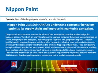 Nippon Paint
Domain: One of the largest paint manufacturers in the world
Nippon Paint uses SAP HANA to understand consumer behaviors,
optimize its supply chain and improve its marketing campaigns.
They can quickly transform massive data from iColor website into valuable market insight for
business actions. They built an analytics platform to capture consumer behaviors (eg: preferences on
colors, design styles and designers, by demographic segments and geographic regions). They can
quickly identify popular designers and decoration companies, allowing sales and marketing team to
proactively build connections with them and to promote Nippon paint products. They can identify,
on regional level, popular 3rd party portals which lead web visits to Nippon’s iColor website enabling
them to place advertisements and push banners at the right portal to achieve maximum exposure.
The first hand information on color trends and customer requirements on product features helps the
R & D team to develop quality products to response to the market unique demands.
 